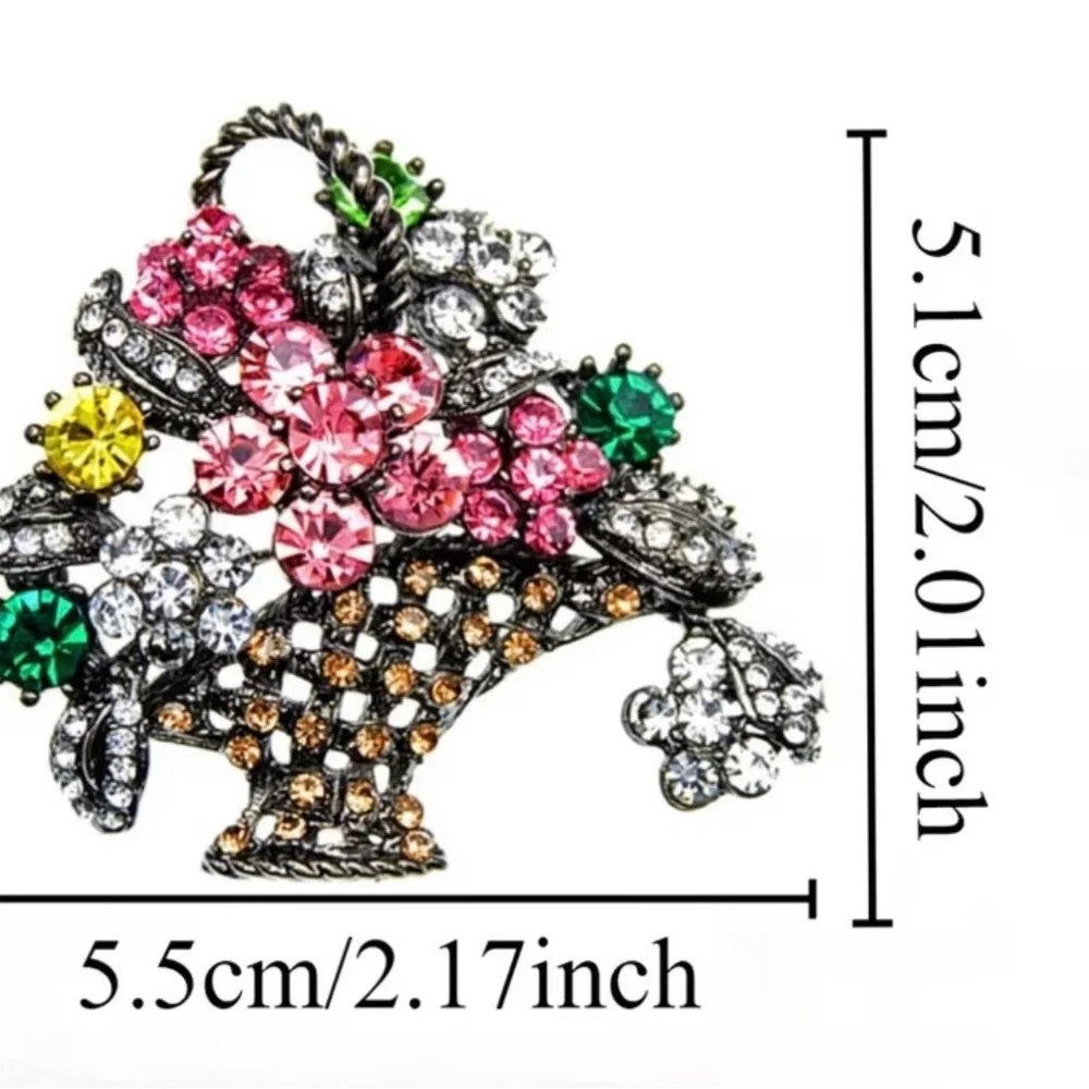 Vintage-Style Flower Basket Brooch Pin, Rhinestone Bouquet - Picture 7 of 7